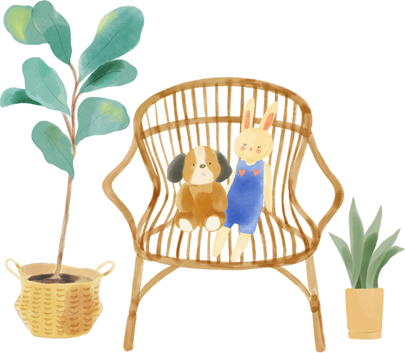 Watercolor Boho Rattan Chair with Toys and Plants