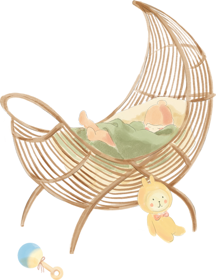 Watercolor Boho Basket Crib with Baby and Toys